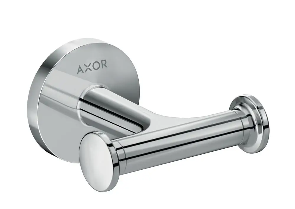 Chromfarbener Handtuchhaken von AXOR, mit doppelter Halterung, an einer runden Wandplatte montiert.